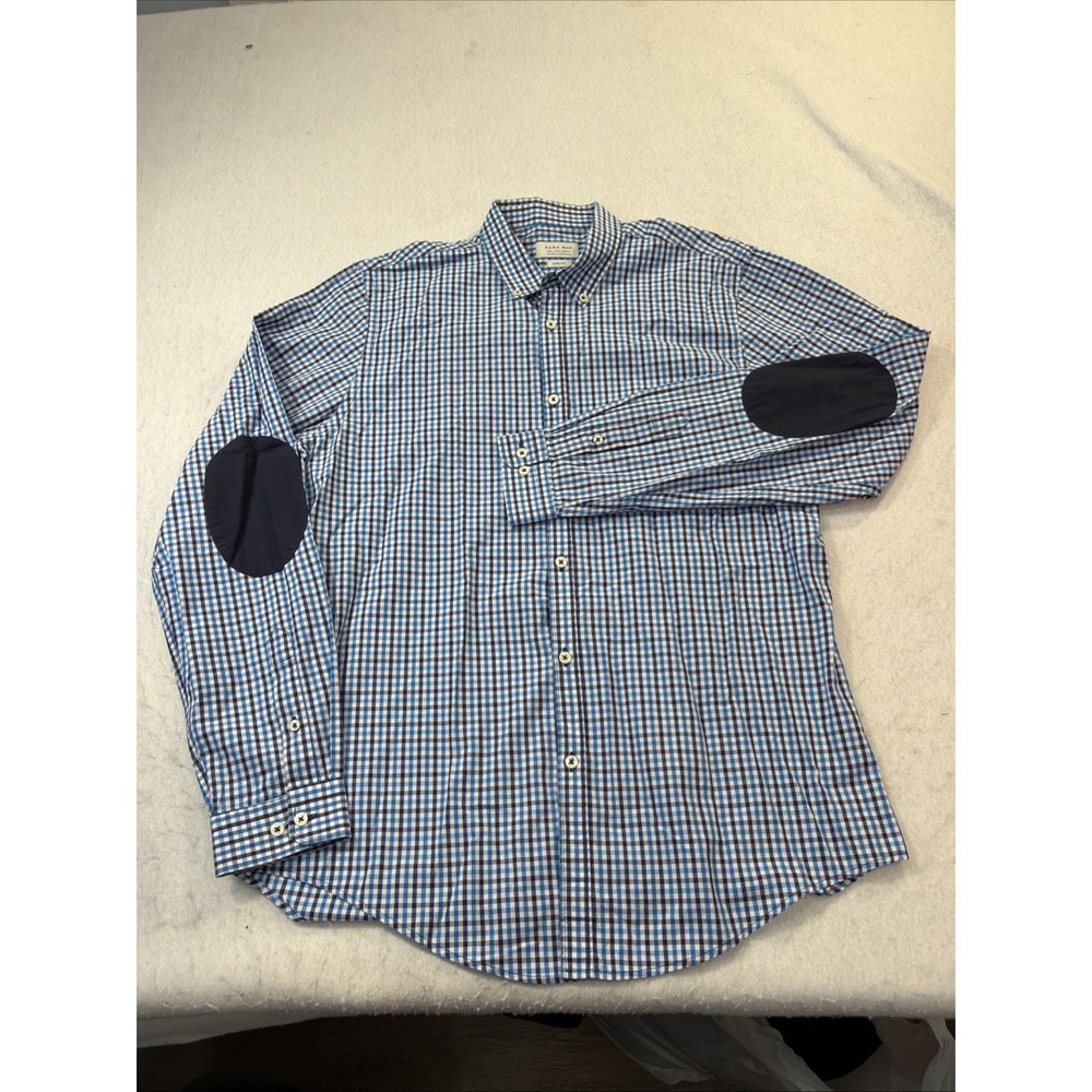 ZARA MAN Slim Fit Blue Gingham Check Button Front‎ Shirt Elbow Patches Sz Large